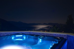 Villa Gabriella Lefkada Luxury Ionian Villa hot tub view Greece night